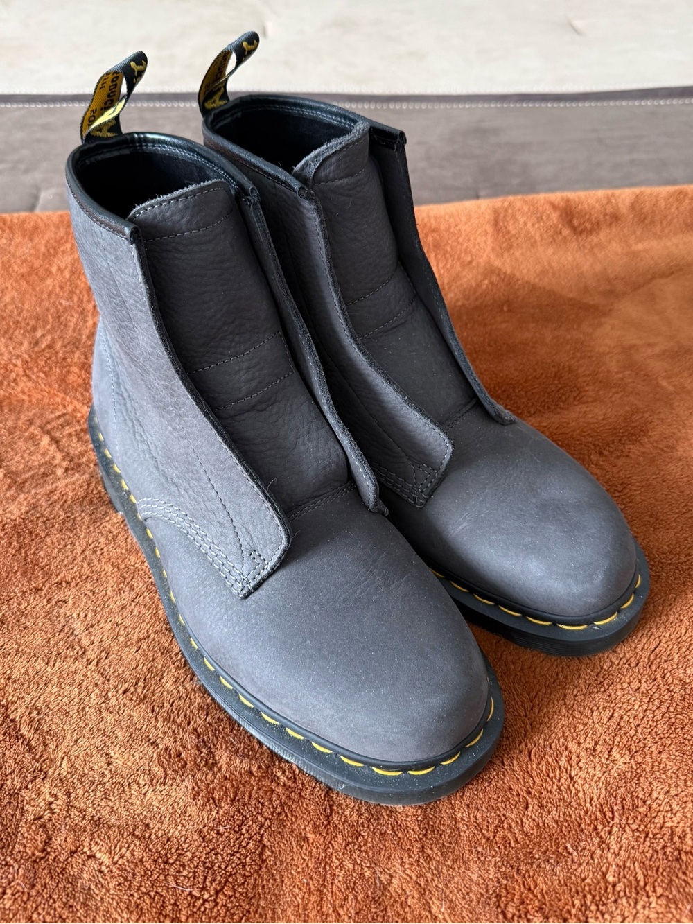 Dr. Martens Gray Slip-On Leather Boots with Yellow Stitching